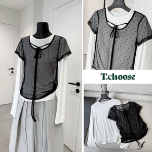 Áo thun trắng dài tay phối áo ren ngắn tay 8957 TCHOOSE
