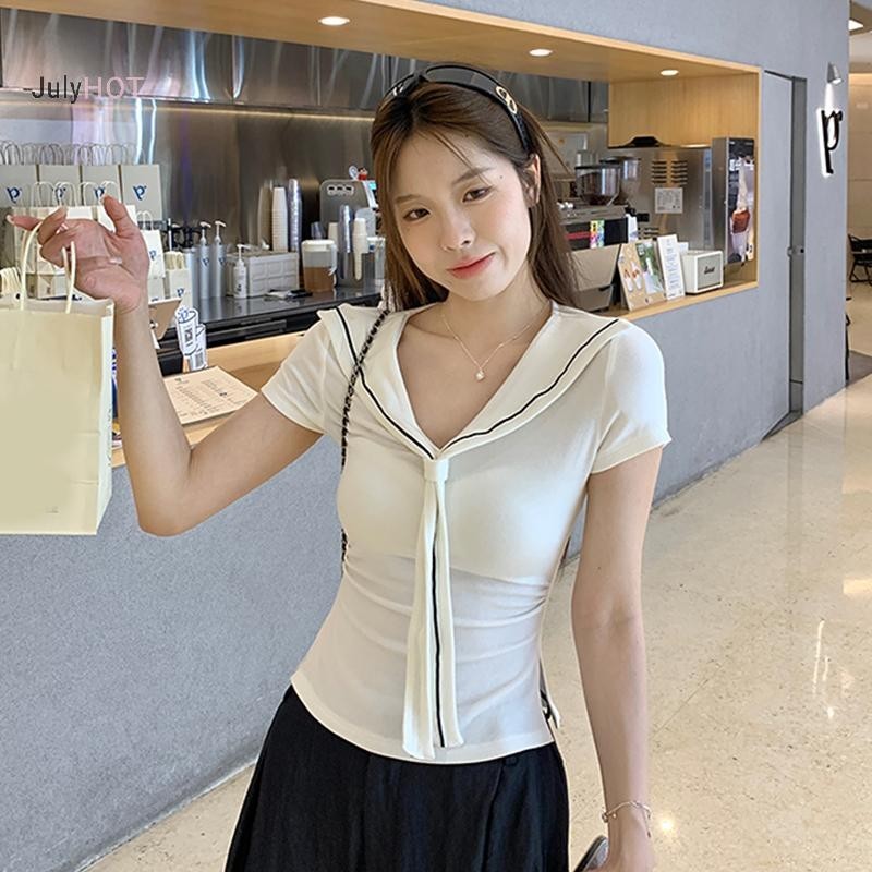Áo Thun Cộc Tay Nữ Nổ V Viền Đen Thắt Nơ Xinh Xắn Dễ Thương Đi Chơi Dạo Phố Thanhhuyenclothings (B522)