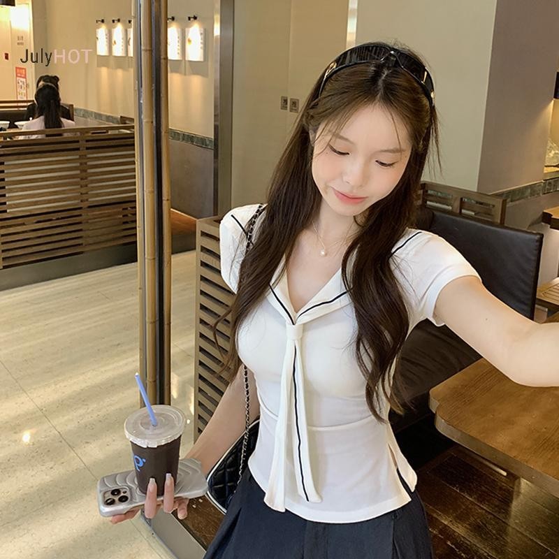 Áo Thun Cộc Tay Nữ Nổ V Viền Đen Thắt Nơ Xinh Xắn Dễ Thương Đi Chơi Dạo Phố Thanhhuyenclothings (B522)
