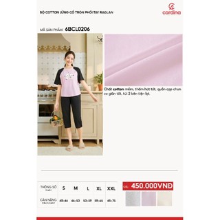 6BCL02 Đồ bộ nữ CARDINA chất cotton cổ tròn phối tay raglan quần lửng 6BCL02