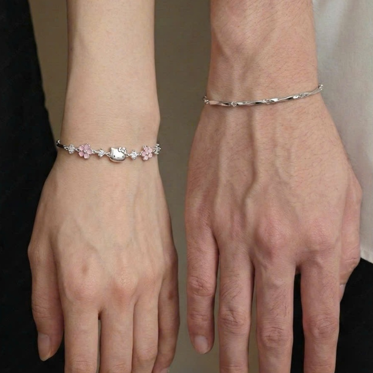 Lắc tay đôi Hello Kitty charm đính đá, vòng tay uyên ương Imoon hình Kitty đá hoa hồng