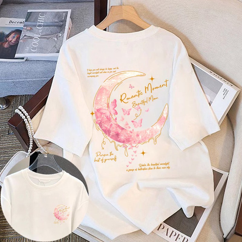 Áo thun nữ HappyTee - Áo thun hình Mặt trăng chữ Romactic Moment Beautiful Moon