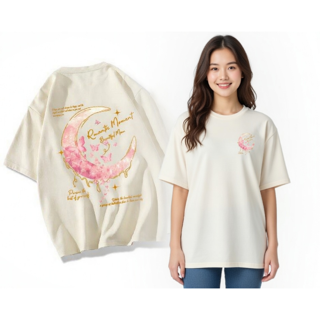 Áo thun nữ HappyTee - Áo thun hình Mặt trăng chữ Romactic Moment Beautiful Moon