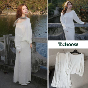 Set áo len lông trắng trễ vai + chân váy đuôi cá dài 5230 TCHOOSE