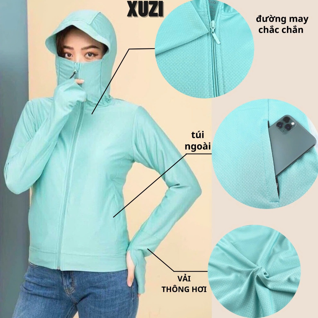 Áo chống nắng nữ 2 lớp XUZI, khoác chống nắng thân ngắn vải thông hơi đai gấu to dày dặn ngăn tia UV bảo vệ làn da.