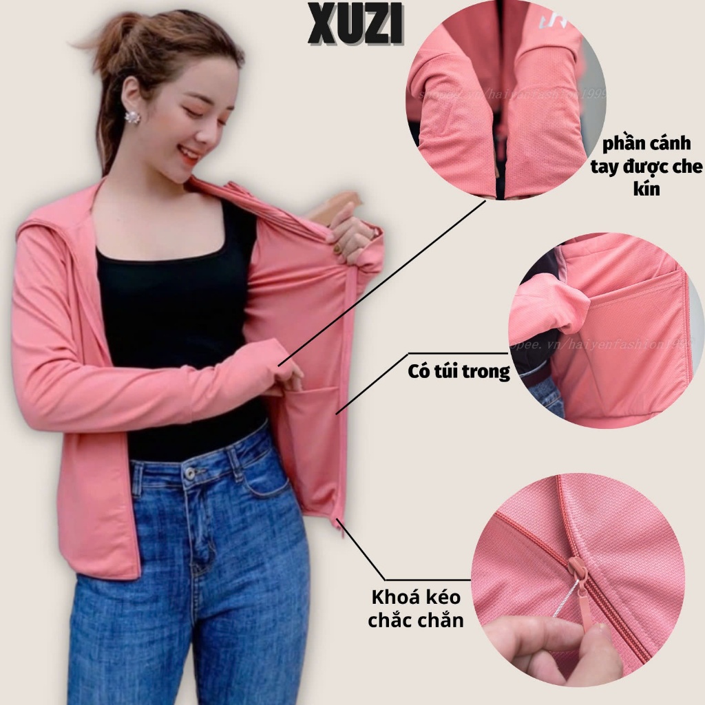 Áo chống nắng nữ 2 lớp XUZI, khoác chống nắng thân ngắn vải thông hơi đai gấu to dày dặn ngăn tia UV bảo vệ làn da.