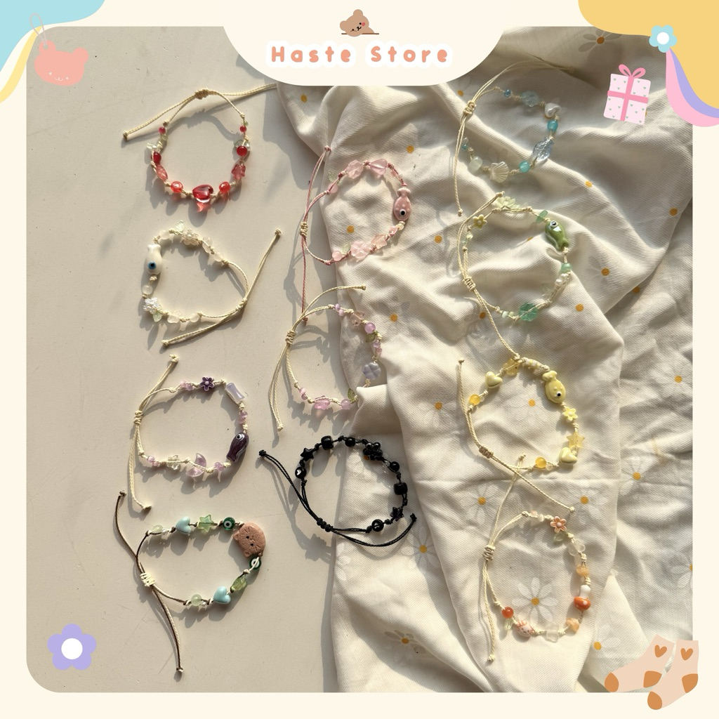 [FREESIZE TAY NỮ] Vòng Tay Nữ Dây Rút Charm Đá Ngọc Trai Pastel Gốm Quà Tặng Bạn Gái Phong Cách Siêu Dễ Thương Dây Sáp