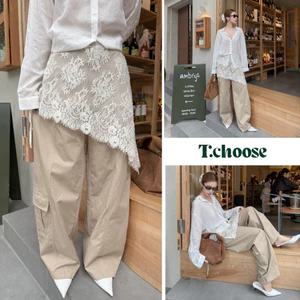 Quần kaki ống rộng túi hộp phối ren trắng 88629 TCHOOSE