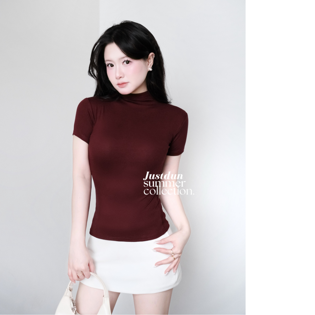 Áo Thun Nữ Ôm Body JUSTDUN HN1 Cổ Cao Tay Ngắn, Cotton Mịn Co Giãn 4 Chiều, Mềm Mại Thoáng Khí.