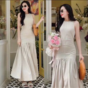 : Váy Maxi Sát Nách Dáng Đuôi Cá Màu Be Đẹp, May 2 Lớp Cẩn Thận Tôn Dáng Đi Biển, Đi Du Lịch, Đi Chơi Đều Xinh