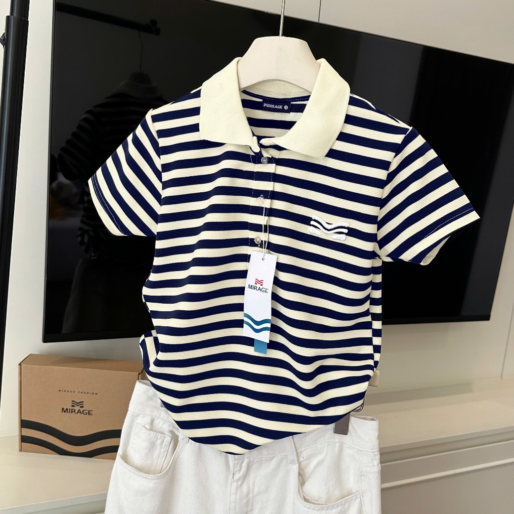 Áo Polo Sọc Màu Xanh Đen Thanh Lịch, Chất Cotton Mềm Mịn.