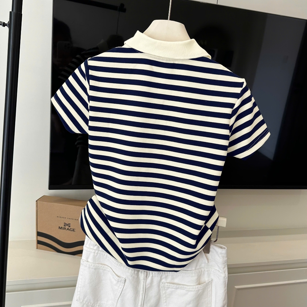 Áo Polo Sọc Màu Xanh Đen Thanh Lịch, Chất Cotton Mềm Mịn.