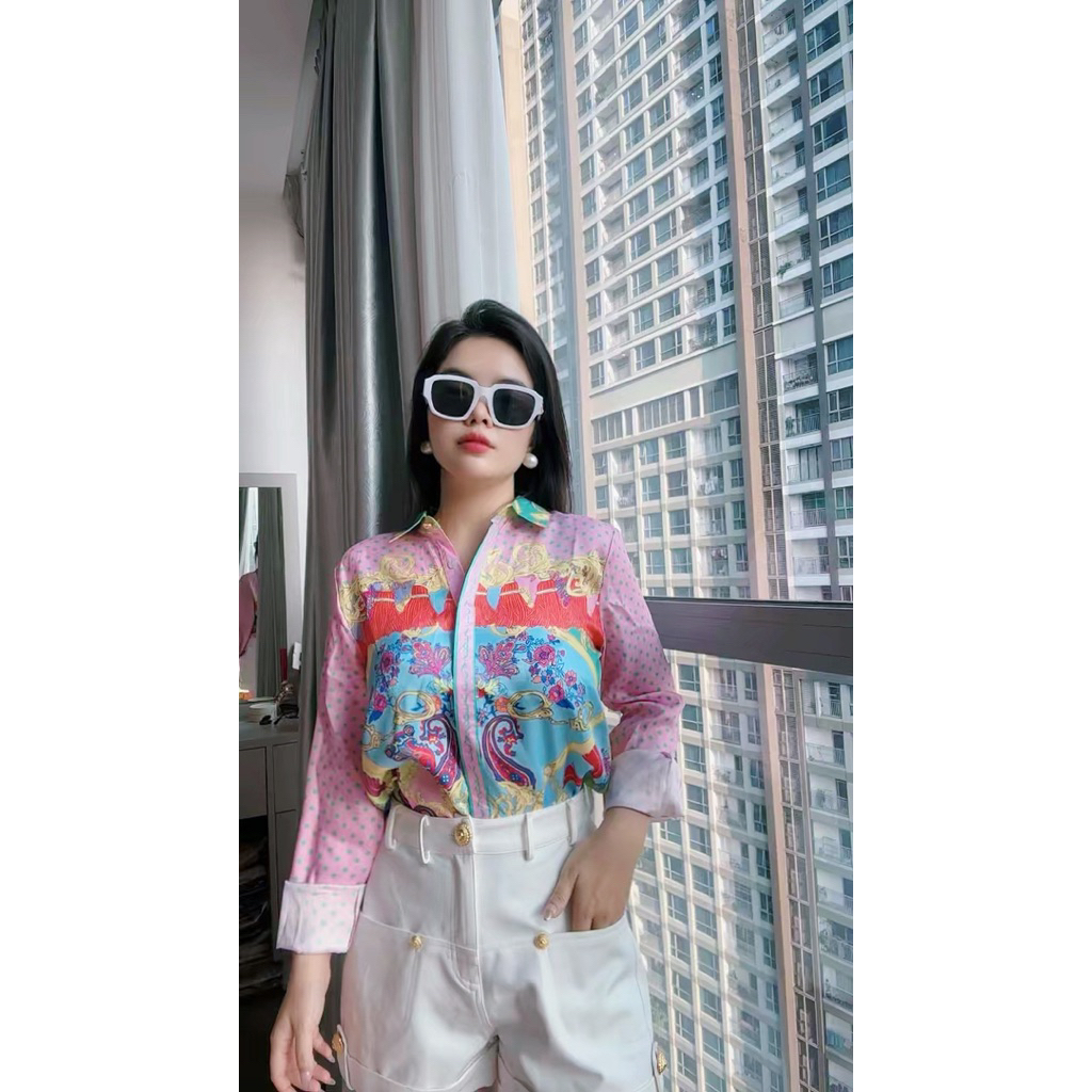 Set áo sơ mi logo Versace và quần nút ngắn dài siêu cấp