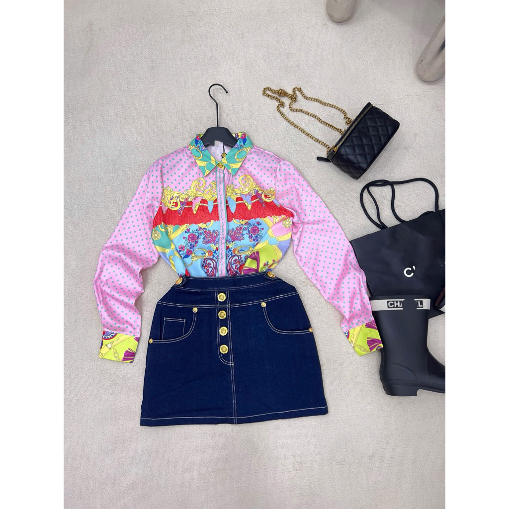 Set áo sơ mi logo Versace và quần nút ngắn dài siêu cấp