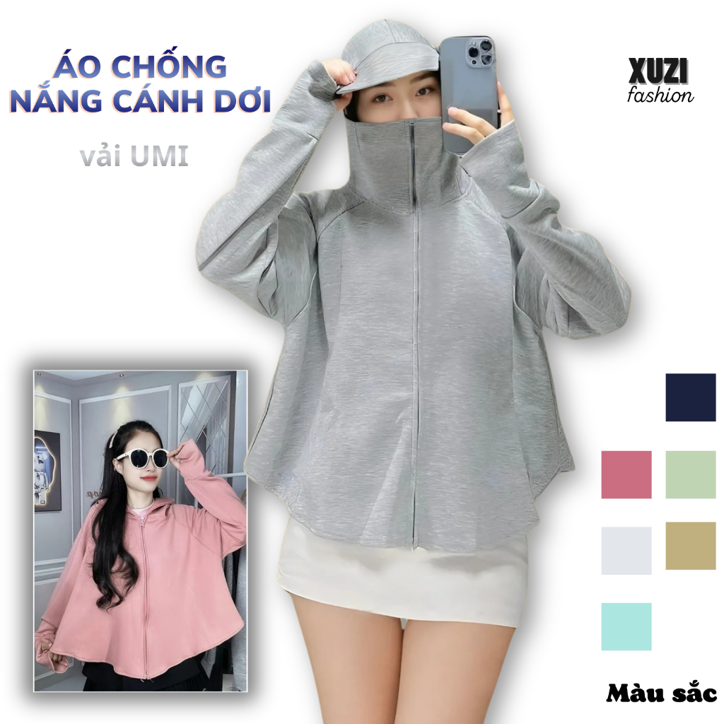 Áo nắng nữ cánh dơi áo chống nắng dáng ngắn croptop xòe vải UMI có mũ rộng che kín cản tia UV bảo vệ làn da XUZI.