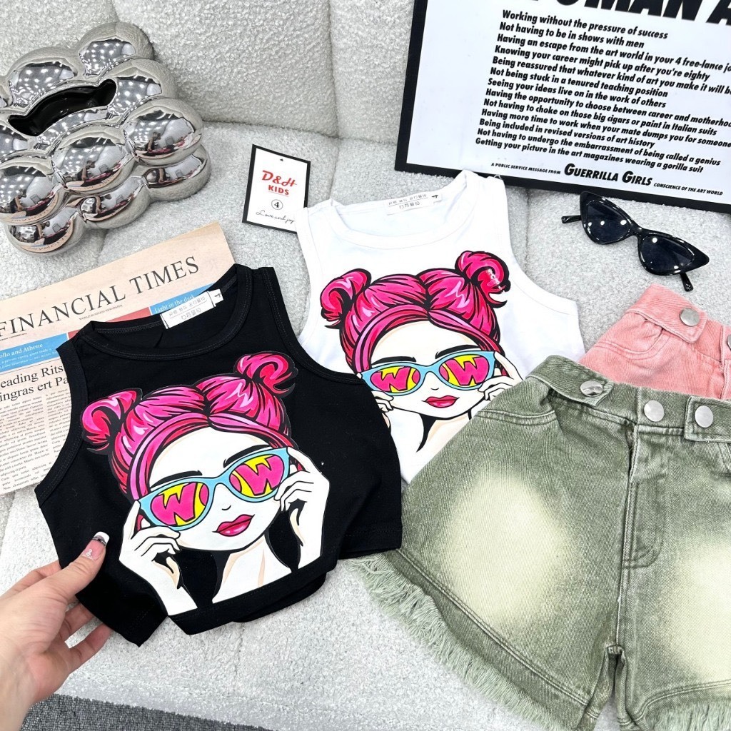 Combo 2 Áo Thun Croptop Bé Gái Cotton Co Giãn 4 Chiều Mềm Mịn, Áo Sát Nách In Hình Dễ Thương