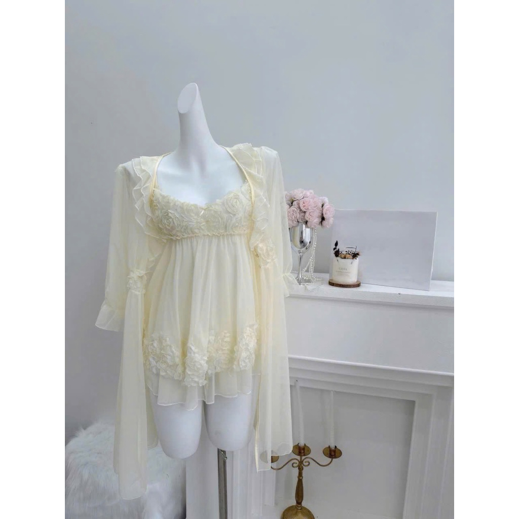 (Tặng kèm chip) Set váy áo choàng hoa hồng nổi cao cấp. Váy ngủ gợi cảm ren quyến rũ sexy