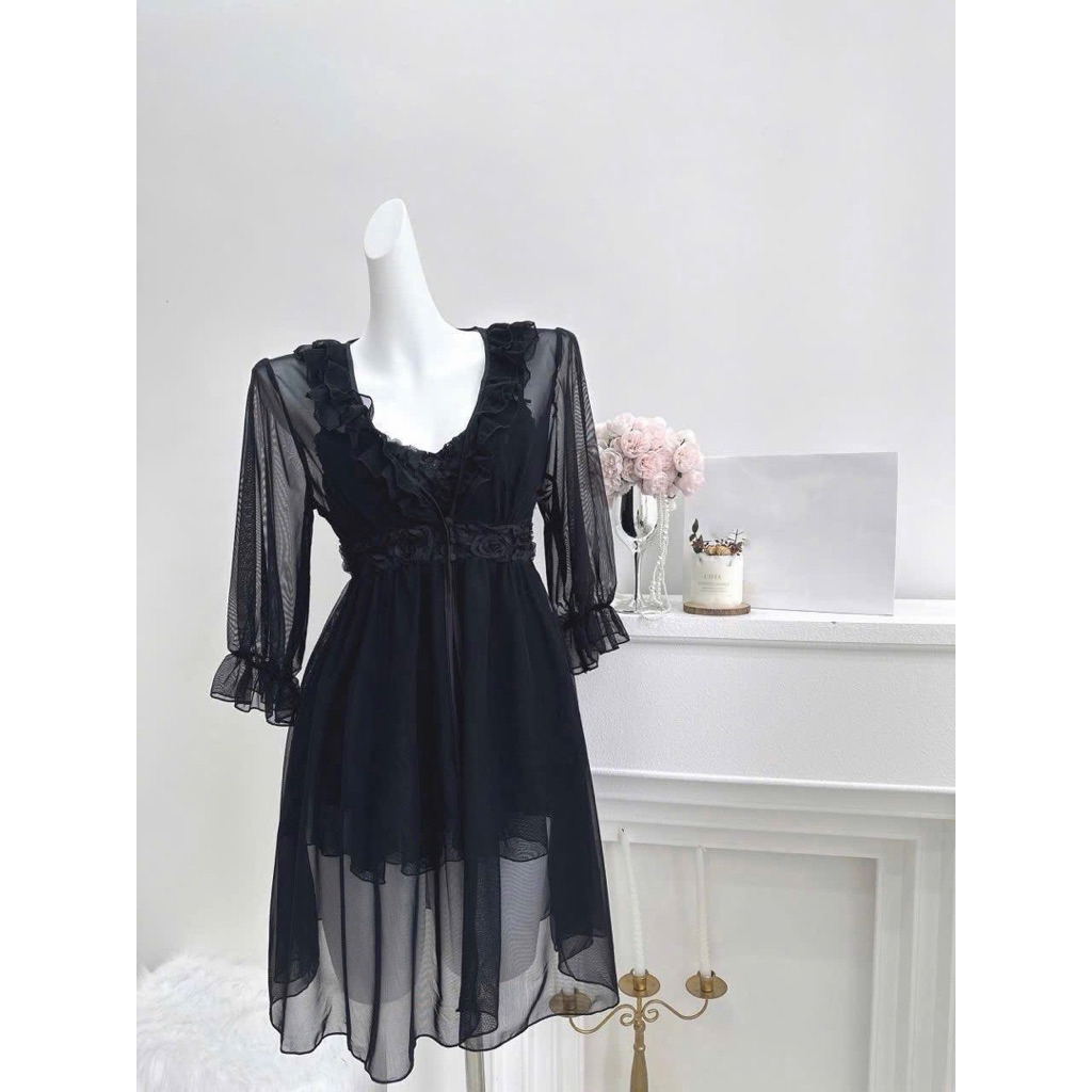 (Tặng kèm chip) Set váy áo choàng hoa hồng nổi cao cấp. Váy ngủ gợi cảm ren quyến rũ sexy
