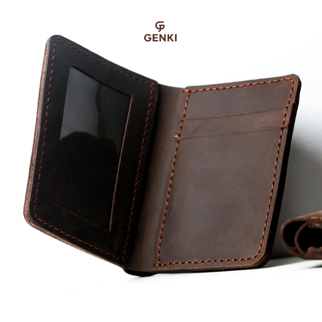 Ví Nam Đứng GENKI LEATHER,da bò sáp, kích thước 9x11.5cm, khâu thủ công tỉ mỉ