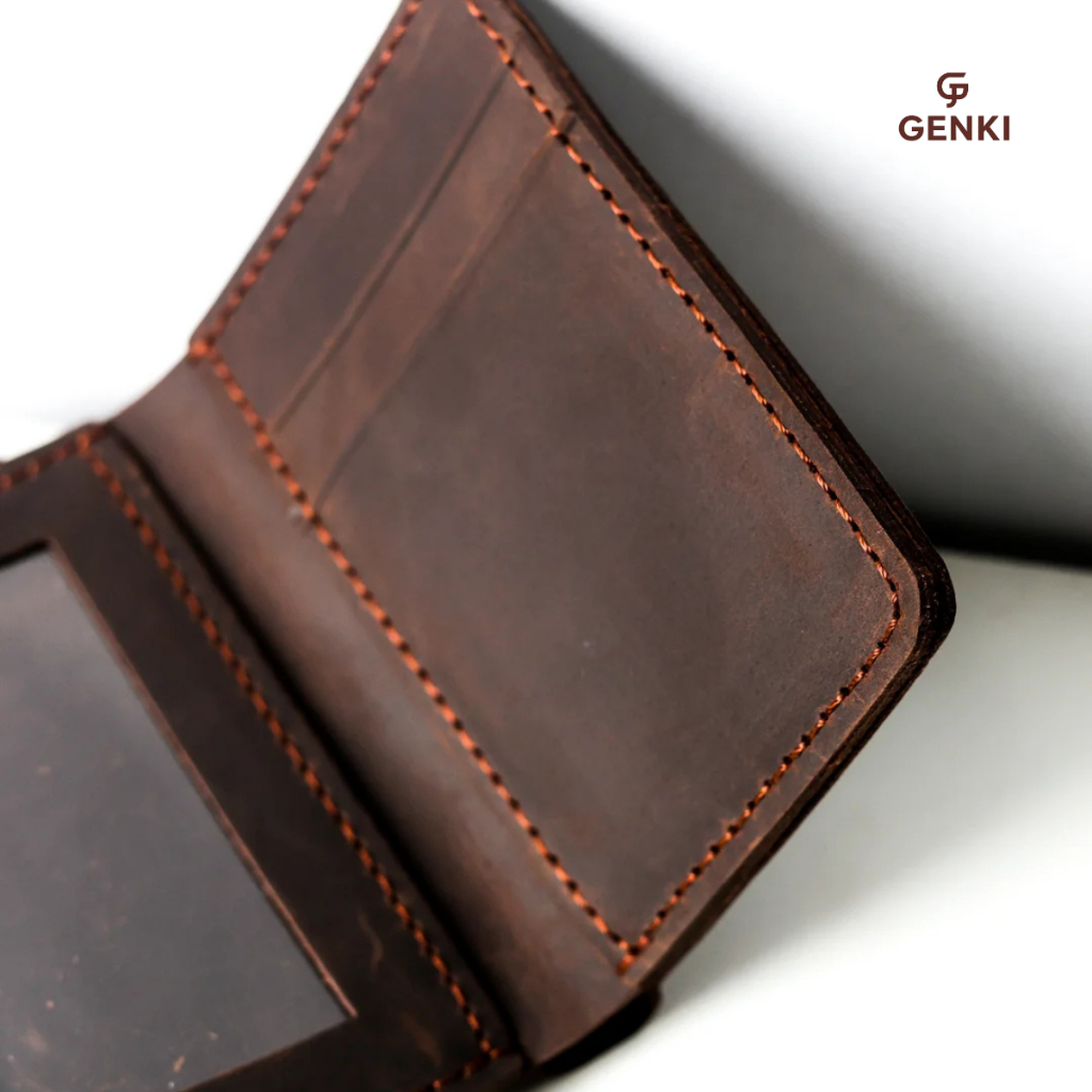 Ví Nam Đứng GENKI LEATHER,da bò sáp, kích thước 9x11.5cm, khâu thủ công tỉ mỉ