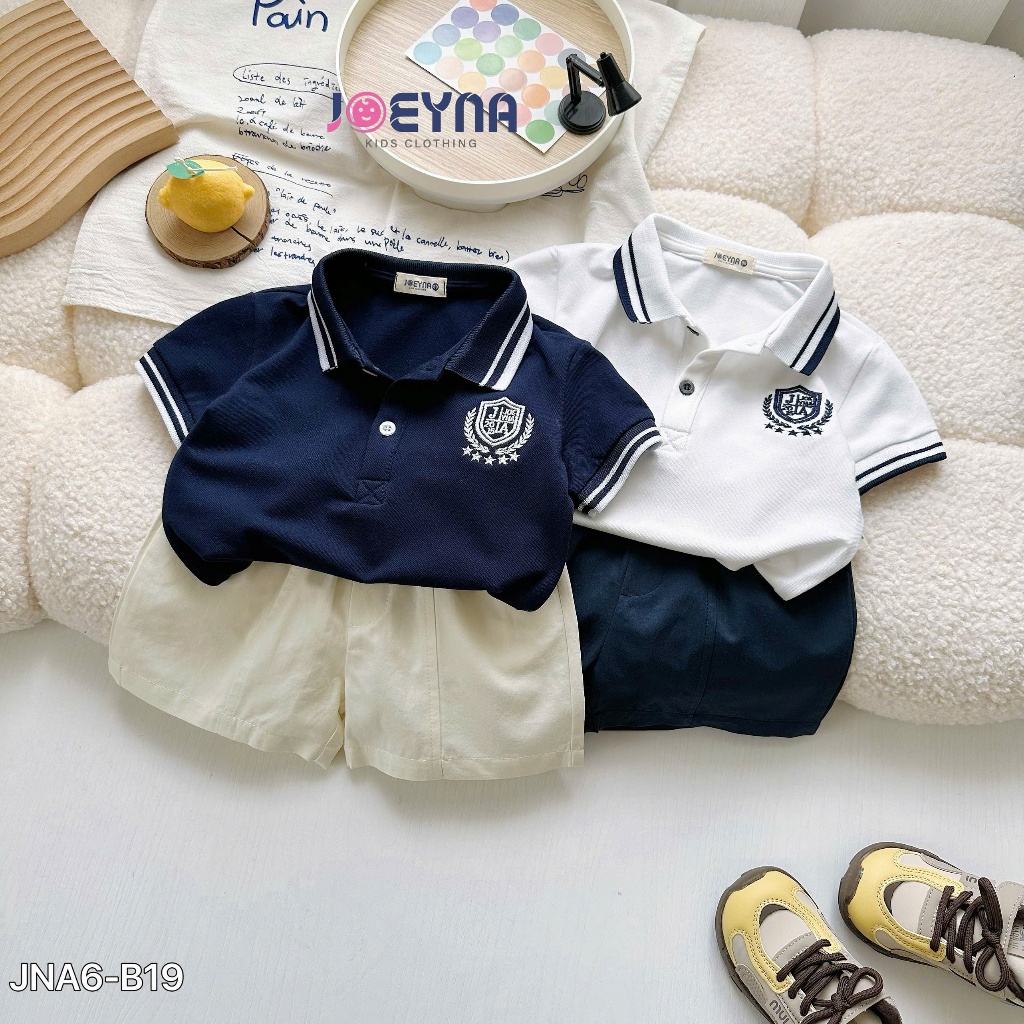 (Hãng JOEYNA )Bộ polo RICK KIDS logo thêu ,áo chất polo cá sấu phối quần kaiki mềm mại cho bé đi học đi chơi 9-24kg