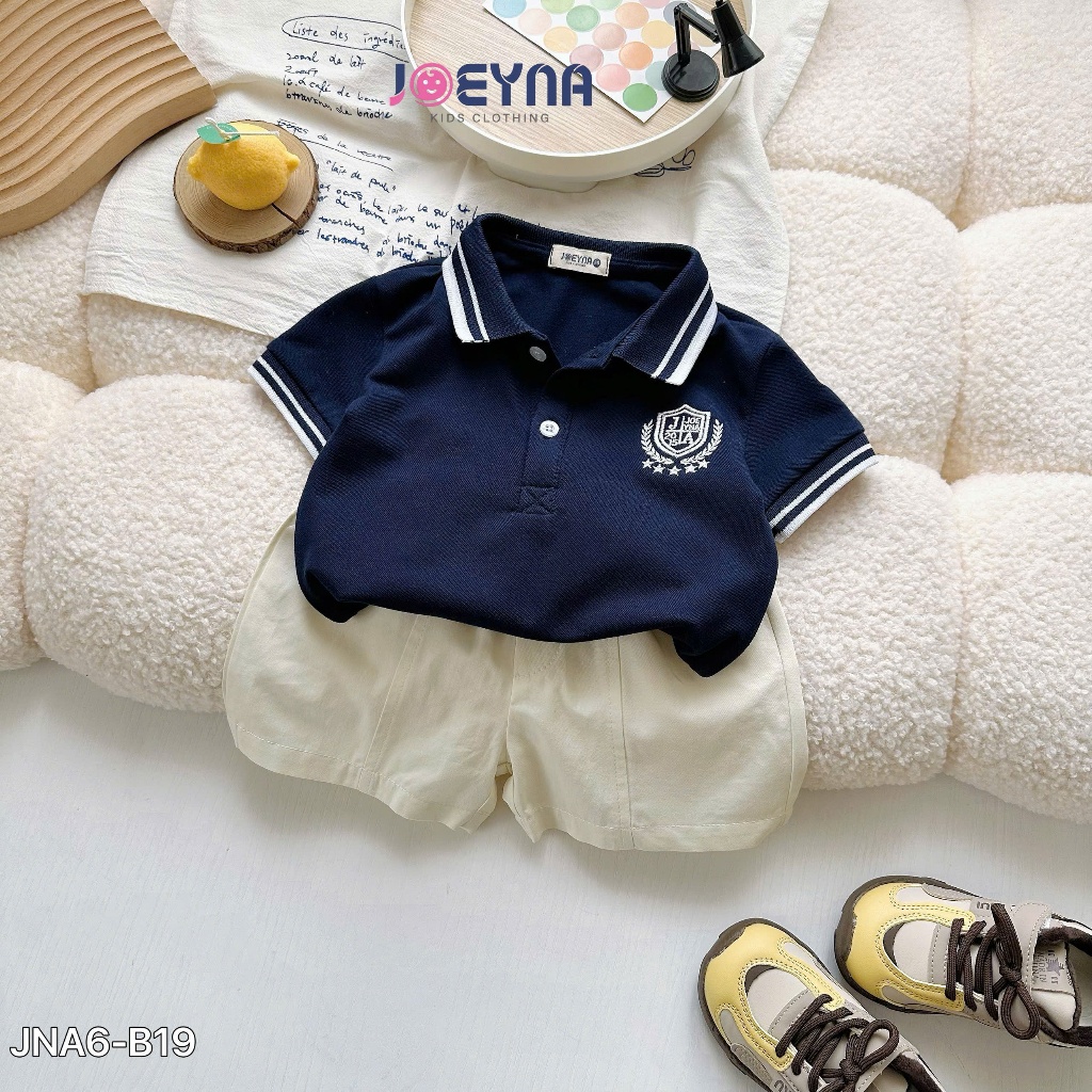(Hãng JOEYNA )Bộ polo RICK KIDS logo thêu ,áo chất polo cá sấu phối quần kaiki mềm mại cho bé đi học đi chơi 9-24kg