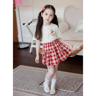 [B&G] Sét váy Áo thun mềm mịn, hình cherry dễ thương Chân váy caro đỏ xòe nhẹ cực xinh cho bé gái