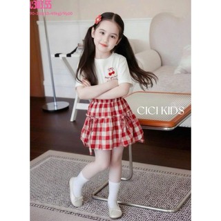 [B&G] Sét váy Áo thun mềm mịn, hình cherry dễ thương Chân váy caro đỏ xòe nhẹ cực xinh cho bé gái