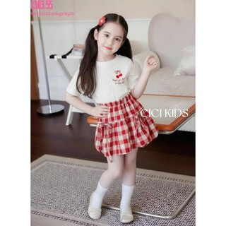 [B&G] Sét váy Áo thun mềm mịn, hình cherry dễ thương Chân váy caro đỏ xòe nhẹ cực xinh cho bé gái