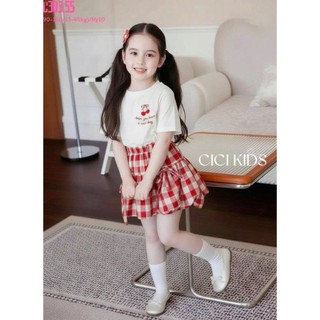 [B&G] Sét váy Áo thun mềm mịn, hình cherry dễ thương Chân váy caro đỏ xòe nhẹ cực xinh cho bé gái