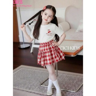 [B&G] Sét váy Áo thun mềm mịn, hình cherry dễ thương Chân váy caro đỏ xòe nhẹ cực xinh cho bé gái