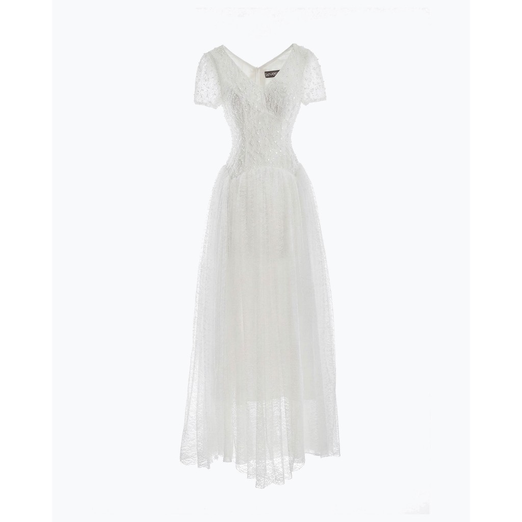 Váy Dạ Hội Dáng Dài Cristal – Đính Kết Lấp Lánh, Cổ Tim Tay Ngắn, Lưới Tulle Trắng