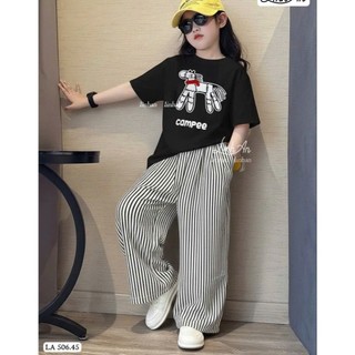 [B&G] Sét bộ áo thun đen cá tính kèm quần ống rộng sọc trắng đen cho bé gái từ 10-45kg