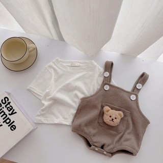Set Bodysuit yếm 2 dây gấu kèm áo cotton cho bé 4-11Kg. Bộ đồ đầy tháng, thôi nôi cho bé. Dino Kids