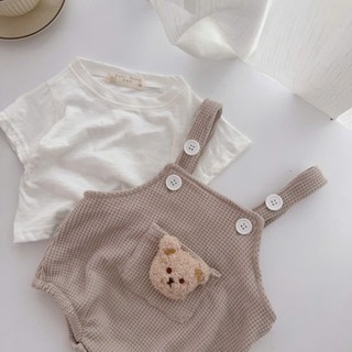 Set Bodysuit yếm 2 dây gấu kèm áo cotton cho bé 4-11Kg. Bộ đồ đầy tháng, thôi nôi cho bé. Dino Kids