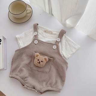 Set Bodysuit yếm 2 dây gấu kèm áo cotton cho bé 4-11Kg. Bộ đồ đầy tháng, thôi nôi cho bé. Dino Kids