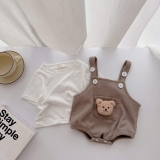 Set Bodysuit yếm 2 dây gấu kèm áo cotton cho bé 4-11Kg. Bộ đồ đầy tháng, thôi nôi cho bé. Dino Kids