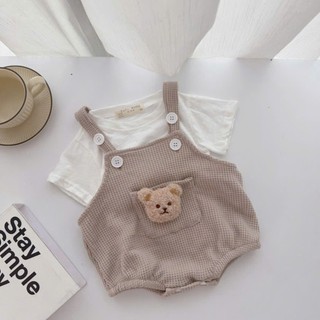 Set Bodysuit yếm 2 dây gấu kèm áo cotton cho bé 4-11Kg. Bộ đồ đầy tháng, thôi nôi cho bé. Dino Kids