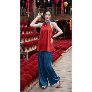 Đồ ngủ yếm đính nơ quần dài có túi (DB150L)