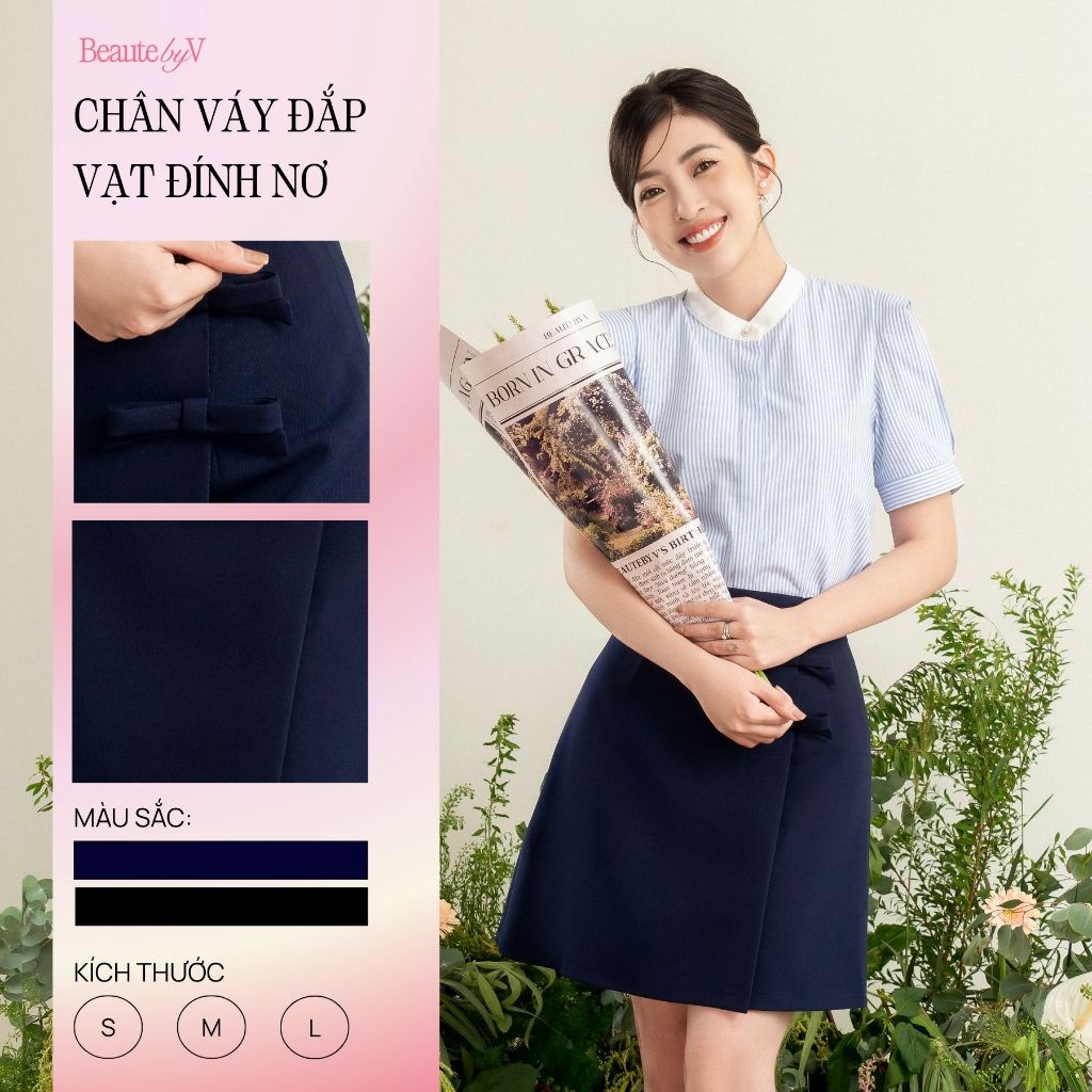 Chân váy nữ công sở dáng chữ A Feliz BEAUTEBYV kiểu vạt cùng màu đính nơ phù hợp đi làm, đi chơi