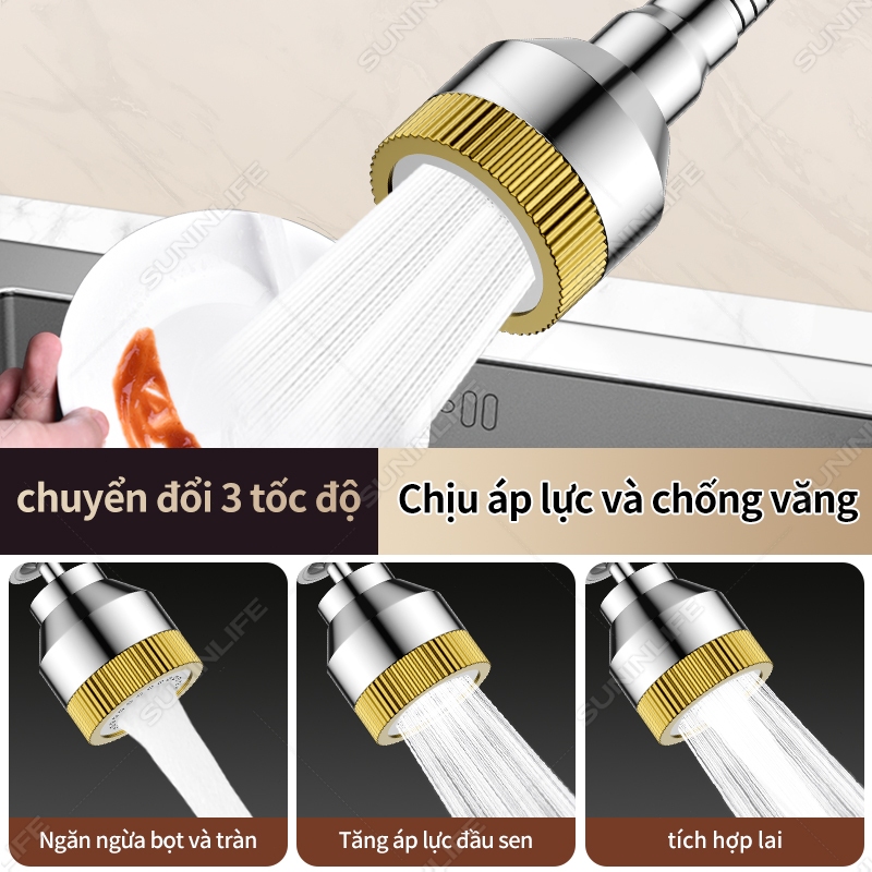 Đầu Nối Vòi Nước tăng áp đồng 3 Chế độ Xoay 360 độ Chống Bắn đầu vòi rửa bát