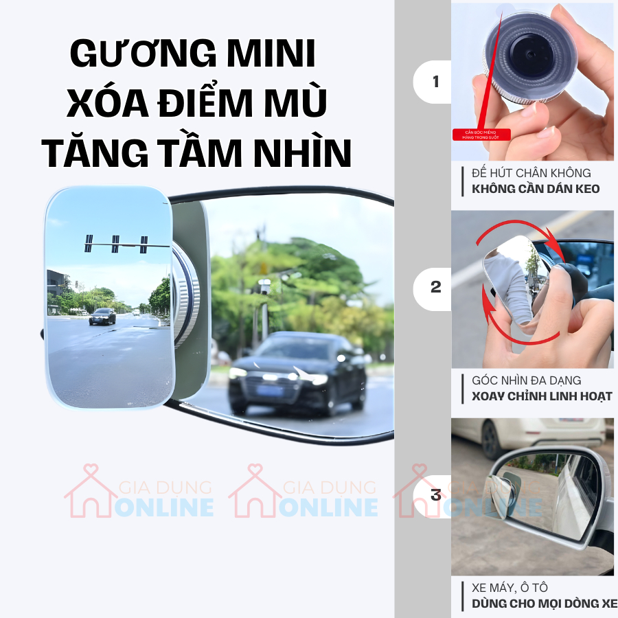 Gương kính phụ xóa điểm mù cho oto, xe máy xe điện lắp đặt hút kính không cần dán keo