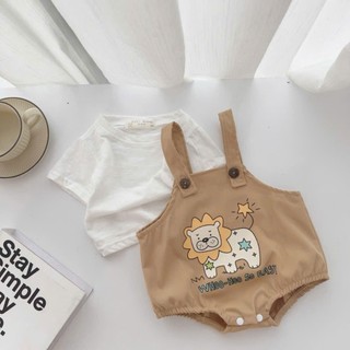 Set body yếm sư tử kèm áo cotton cho bé 4-11Kg. Bodysuit kaki cho bé đi chơi, đầy tháng. Dino Kids