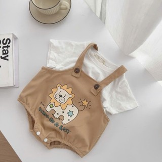 Set body yếm sư tử kèm áo cotton cho bé 4-11Kg. Bodysuit kaki cho bé đi chơi, đầy tháng. Dino Kids