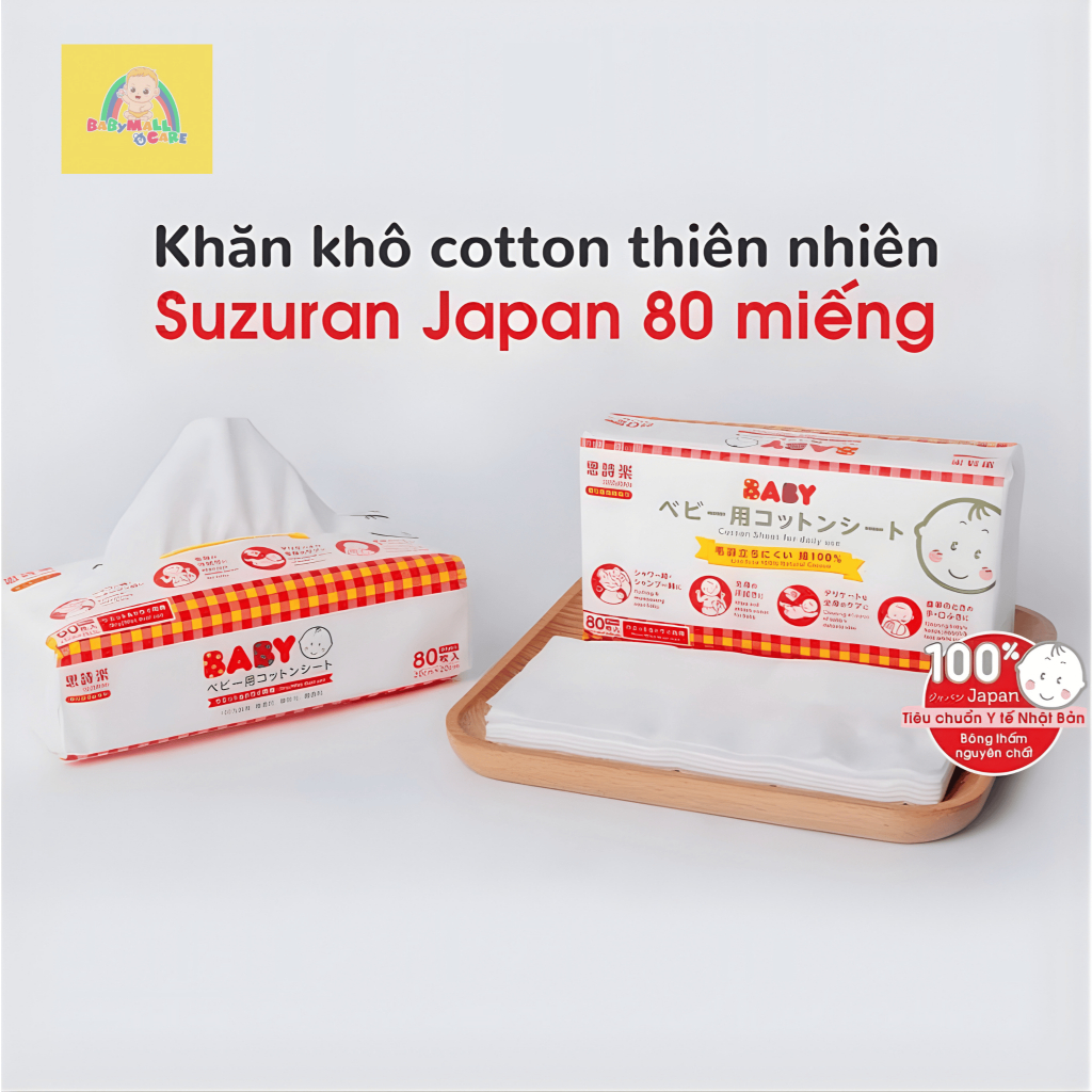 Khăn Khô Cotton Suzuran Baby Nhật 80 Miếng 100% Cotton Khô Lau Mặt Tắm Gội Cho Bé | Babymall & Care