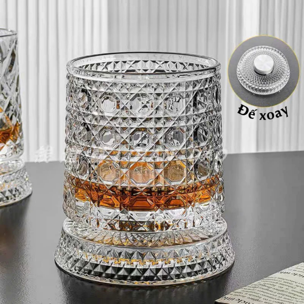 Cốc Thủy Tinh Họa Tiết Kim Cương Đế Xoay 360°, Ly Cao Cấp Chống Trượt, Decor Sang Trọng