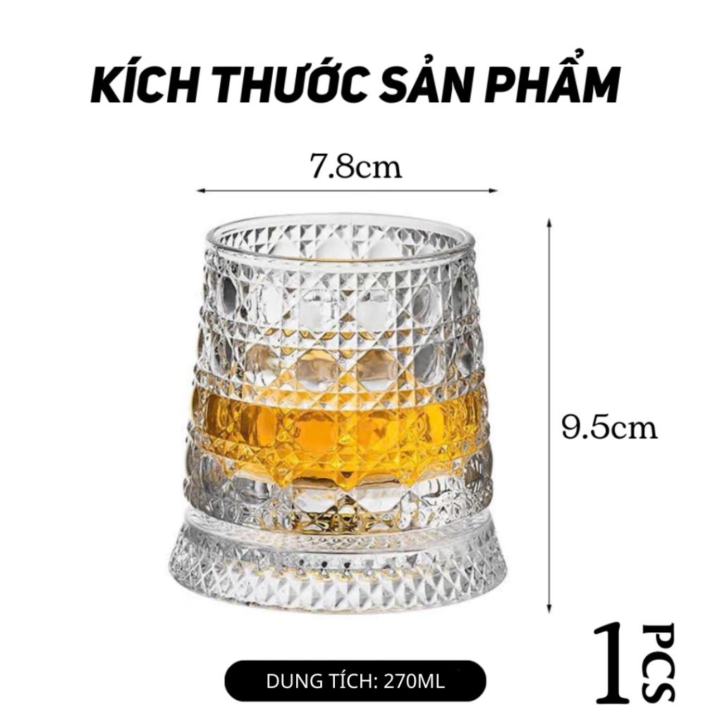 Cốc Thủy Tinh Họa Tiết Kim Cương Đế Xoay 360°, Ly Cao Cấp Chống Trượt, Decor Sang Trọng