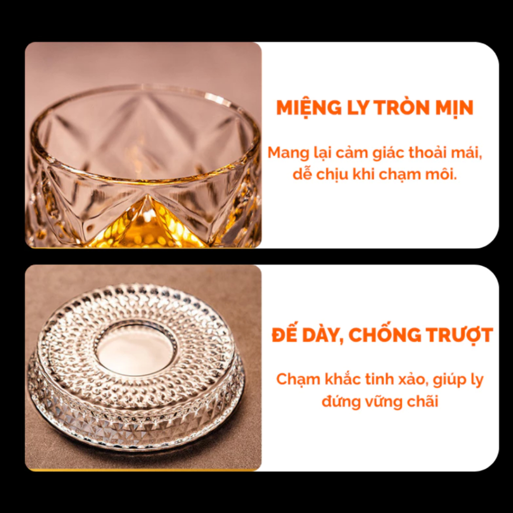 Cốc Thủy Tinh Họa Tiết Kim Cương Đế Xoay 360°, Ly Cao Cấp Chống Trượt, Decor Sang Trọng