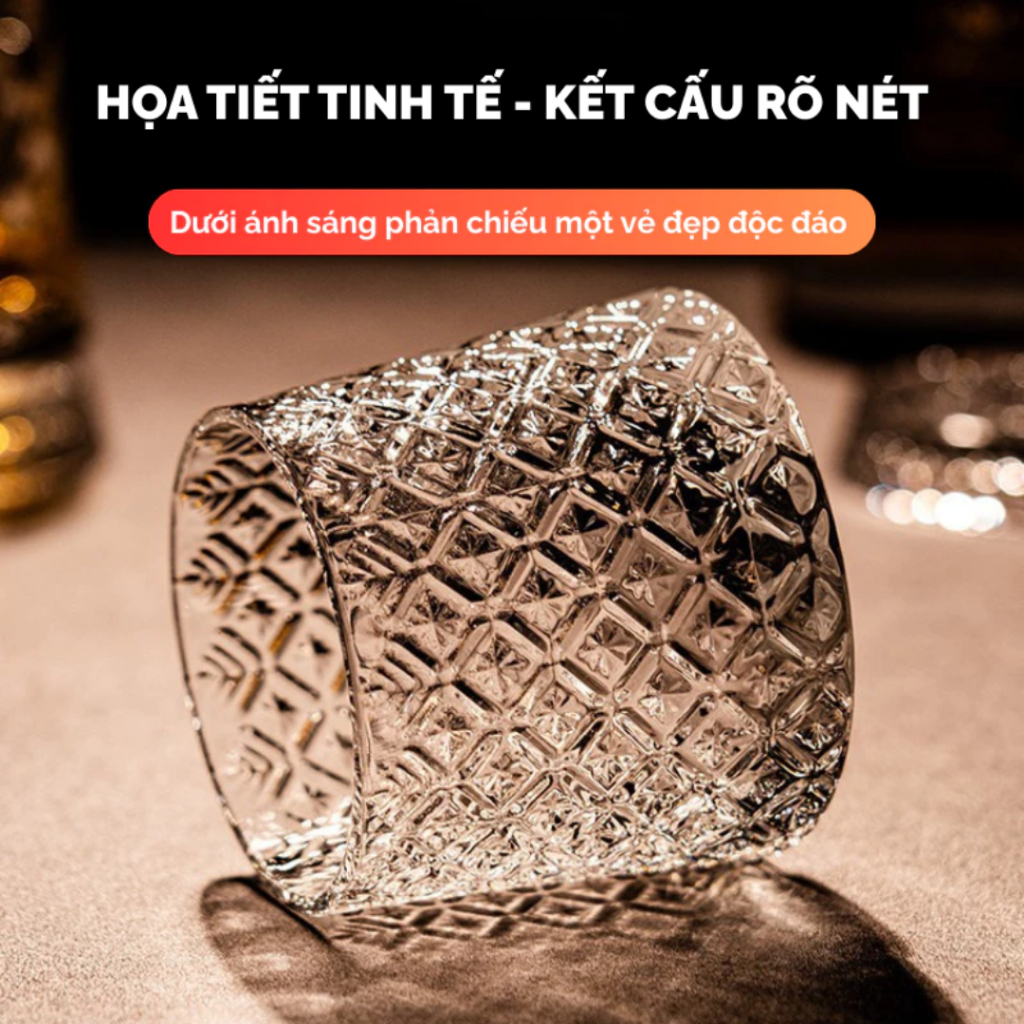 Cốc Thủy Tinh Họa Tiết Kim Cương Đế Xoay 360°, Ly Cao Cấp Chống Trượt, Decor Sang Trọng