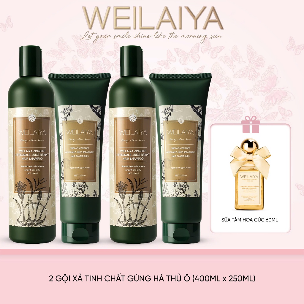 Combo 2 Cặp dầu gội đầu và dầu xả tóc thảo dược Weilaiya gừng hà thủ ô giúp dưỡng, đen và kích thích mọc tóc